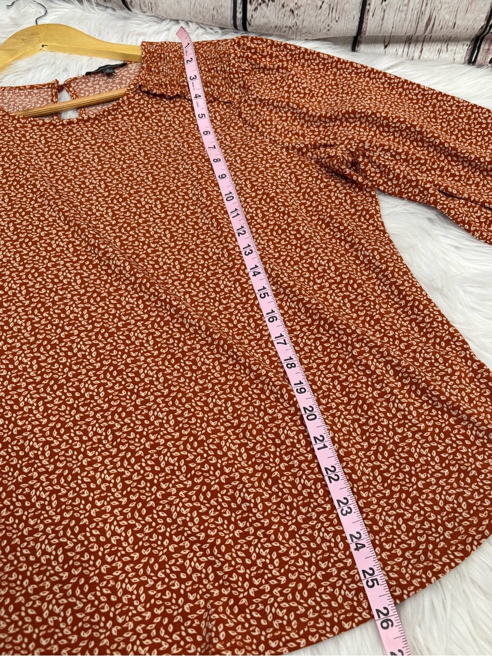 Adrianna Papell Women’s XL Rust Orange Blouse Leaf Print 3/4 Sleeves Shirred Top - Picture 9 of 14